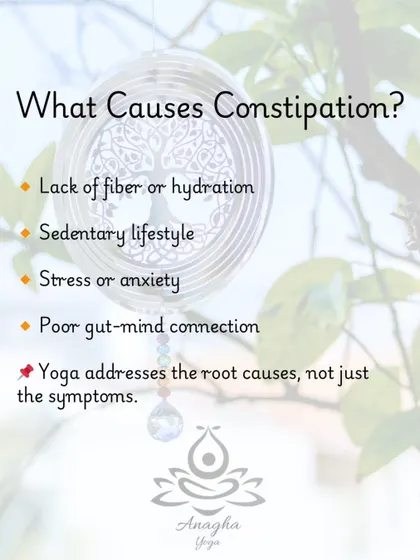 This graphic outlines the common causes of constipation, such as a sedentary lifestyle and stress, and explains how yoga addresses the root causes, not just the symptoms.
