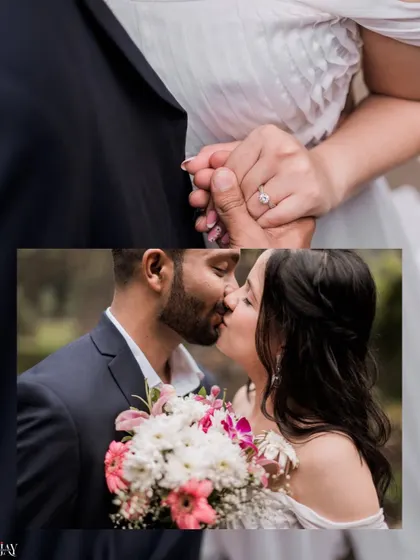 A detail-oriented shot focusing on the engagement ring and the couple's kiss, telling a story of commitment.