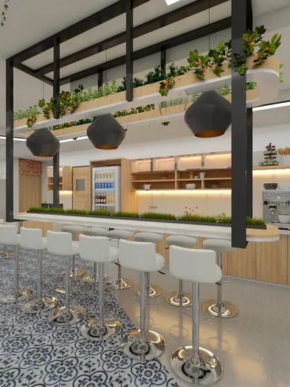 A well-designed break area is essential for any office. This 3D concept for an office pantry features a modern cafe-style bar, comfortable seating, and ample greenery, creating a refreshing space for employees to relax and recharge.