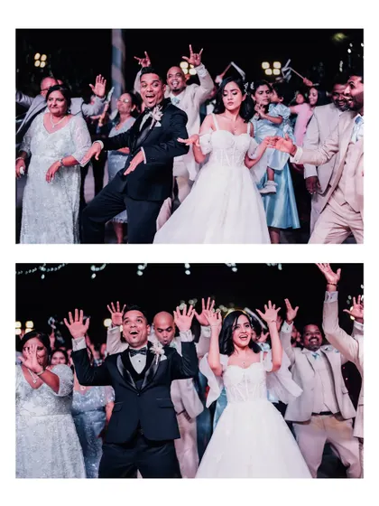 A fun, choreographed dance with the couple and their guests. This collage captures the energy and joy of the wedding party on the dance floor.