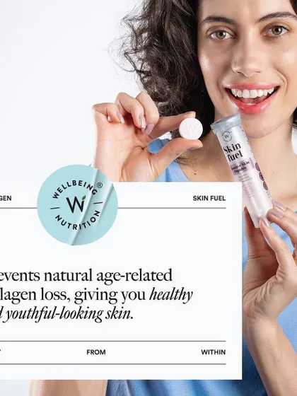 Capturing the youthful energy of Wellbeing Nutrition's 'Skin Fuel' product. This lifestyle image shows a model interacting with the product, creating a relatable and positive association for potential customers.