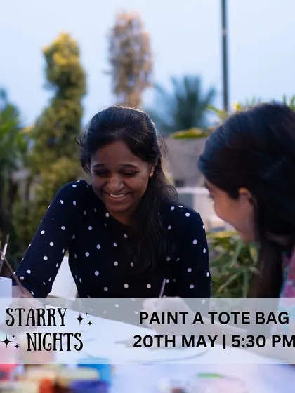The beautiful outdoor setting of our terrace adds to the charm of our evening painting workshops. Here, two friends enjoy painting and chatting in the breezy Bangalore weather.