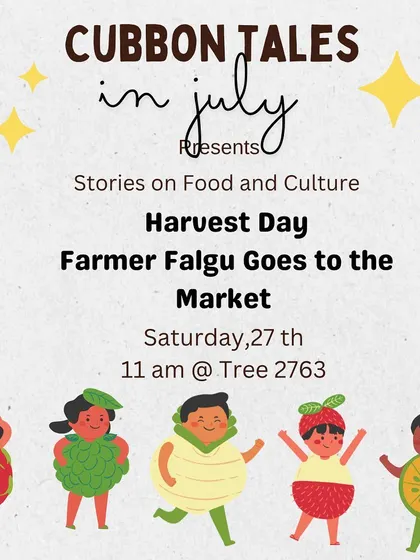 The poster for our 'Delectable July' series, where we read stories about food and culture, sometimes featuring guest readers who share their culinary tales.