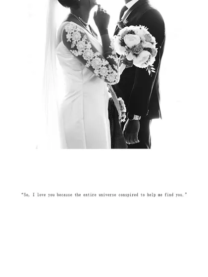 A minimalist black and white shot of the couple, focusing on their connection and the details of the bride's dress and bouquet.