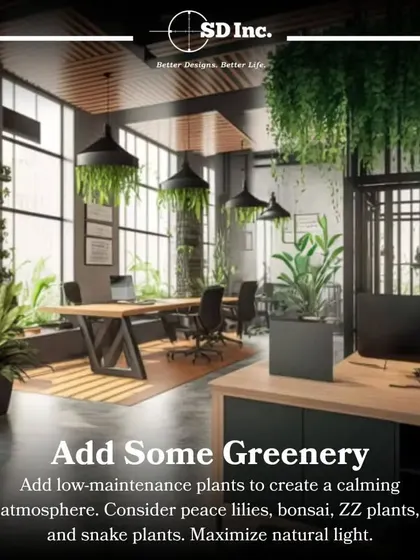 Adding greenery is a simple way to create a calming atmosphere. We incorporate low-maintenance plants like snake plants and peace lilies to bring life into the office and maximize natural light.