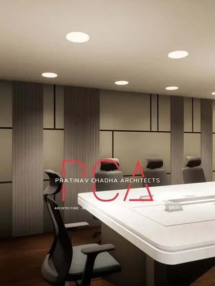 A render showing the design of the side wall in the Narela conference room, with clean geometric paneling.