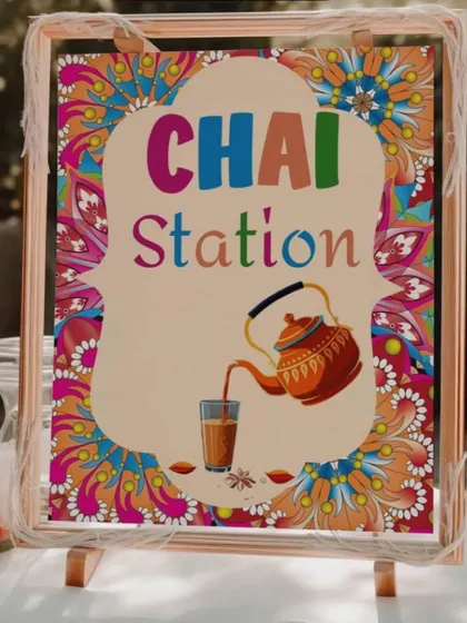 No Indian celebration is complete without tea. I designed this colorful and quirky 'Chai Station' sign for a Sagan evening, creating a dedicated corner for guests to enjoy a warm cup.