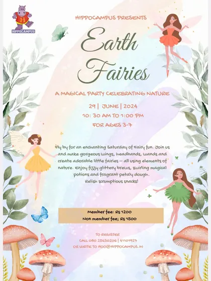 My Earth Fairies party is a magical celebration of nature. The poster highlights all the enchanting activities, like making wings and wands from natural elements and playing with fragrant petal dough.