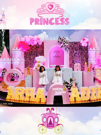 We created a castle fit for two princesses for Arha and Adra's fifth birthday. This grand pink and gold setup featured a sparkling castle, marquee letters, and plenty of royal details for the twin birthday girls.