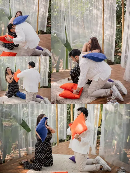 A fun and energetic collage of the couple having a pillow fight during their pre-wedding shoot, capturing their playful side.