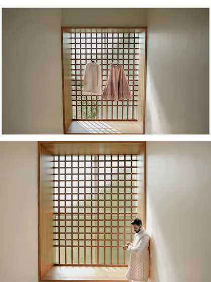 A creative collage showing the couple's reception outfits hanging, and a solo portrait of the groom getting ready.