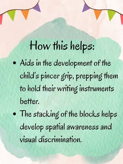Build a tower with blocks and "cement" made of shaving foam! This fun sensory game strengthens a child's pincer grip and develops spatial awareness.