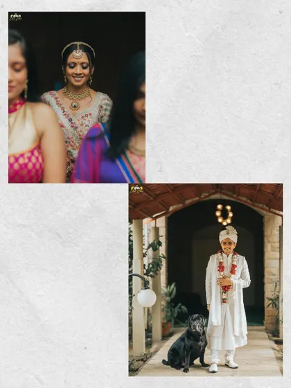A collage showing the groom waiting with his furry friend and the bride making her entrance. It’s a sweet storytelling element that captures different parts of the pre-ceremony excitement.