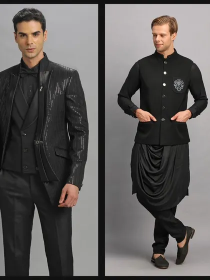 A black sequined suit and a black draped kurta set. Our collection lets you play with different styles and silhouettes.