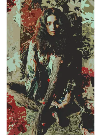 An artistic, almost illustrative shot from "Roots." The flattened perspective and graphic quality blend the model into her surroundings, symbolizing how inseparable we are from our cultural environment.