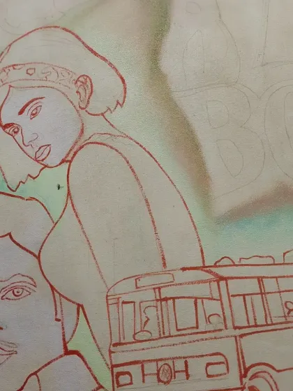 A close-up of the line work for the 'Bombay to Goa' poster before the colors are filled in. Every detail is first drawn by hand.