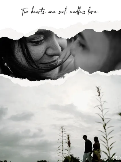 A creative collage combining a tender black and white close-up with a wide shot of the couple in a field. The torn paper effect adds an artistic, scrapbook-like feel to the memory.