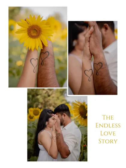 A collage that tells a story of love, featuring close-ups of the couple's matching infinity heart tattoos from their sunflower field pre-wedding shoot.