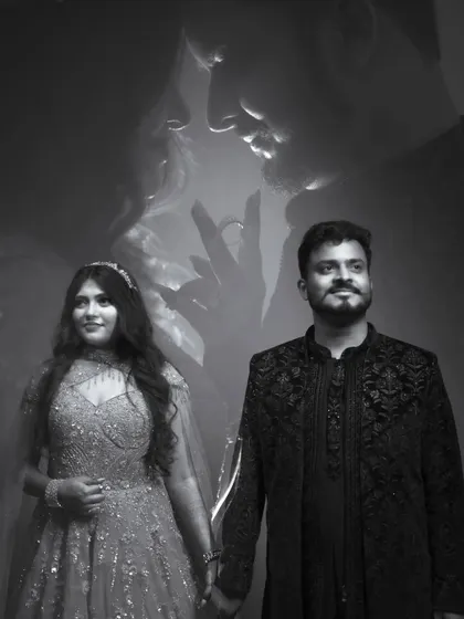 A dreamy double exposure from an engagement shoot, where the couple's portrait is merged with a romantic, hazy image of their embrace, creating a truly magical memory.