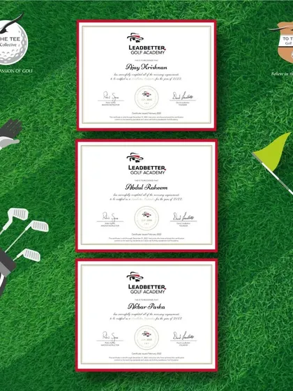 The official Leadbetter Golf Academy certificates awarded to our coaches, signifying their expertise and dedication to the highest coaching standards.