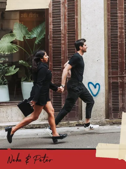 Capturing the energy of Neha and Peter as they run through the charming lanes of Mumbai. This kind of action shot is perfect for telling a story of fun and adventure.