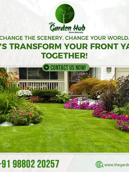 Let's transform your front yard together. A beautiful front yard, like the one shown here with its lush lawn and colorful flower beds, creates a wonderful first impression.