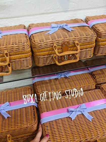 A collection of my bridesmaid hampers, each wrapped with care to say "thank you" in a minimal, thoughtful, and beautiful way.