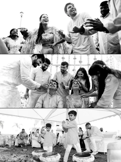 A black and white collage of candid moments from the Haldi, focusing on the dancing, the playful smearing of turmeric, and the family interactions.