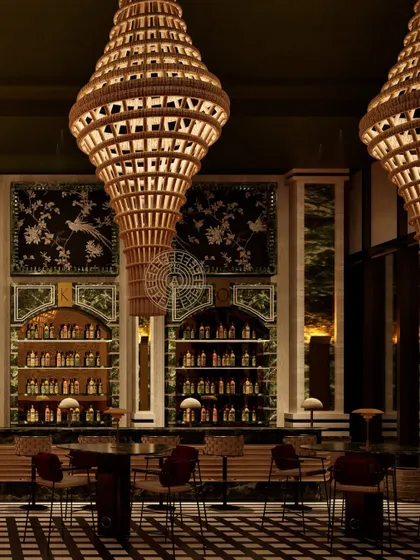 This render focuses on the grand bar back, with its intricate shelving, marble framing, and hand-painted panels, all illuminated by the oversized bamboo chandeliers.