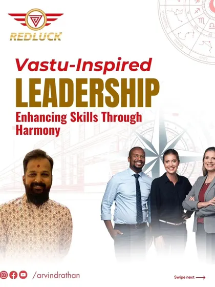 This carousel explains how leadership skills can be enhanced through Vastu-inspired harmony in the workplace.