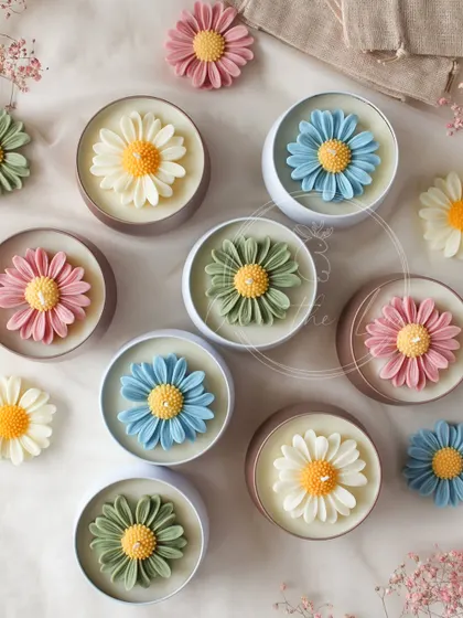 Another view of the colorful assortment of Daisy tin candles, perfect for gifting.