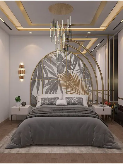 A duplicate of the glamorous master bedroom concept with the arched gold headboard.