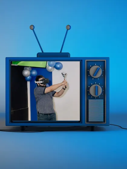 A player enjoys a round of virtual golf, framed within a retro TV graphic to highlight our blend of modern tech and classic fun.