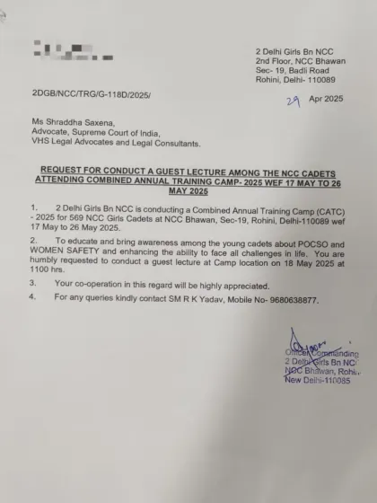 I am regularly invited to educate and train others on critical issues like the POSH Act and women's safety. Here is a request from the NCC to conduct a guest lecture for 500 young cadets, empowering the next generation to face life's challenges.