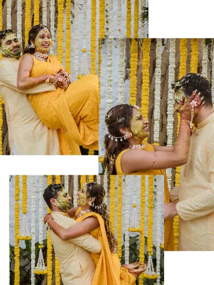 A collage of playful moments from the Haldi. The groom lifts the bride, and they lovingly apply turmeric to each other's faces, all against a backdrop of marigolds.