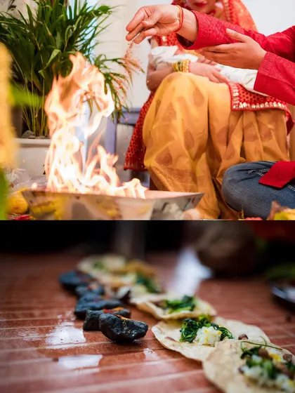 A collage showing the sacred fire of the homa and other ritual details from a naming ceremony, highlighting the traditional elements of the event.