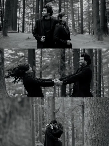This collage shows the dynamic movement and romance of a forest shoot, from spinning with joy to a quiet kiss among the trees.