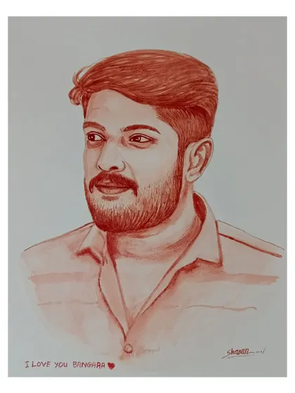 A blood portrait with the affectionate Kannada message "I LOVE YOU BANGARA" written on it.