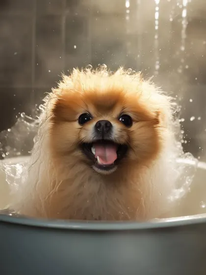 Look at that smile! This adorable Pomeranian is enjoying a warm, bubbly bath. We make sure every part of the dog grooming process is stress-free and fun.