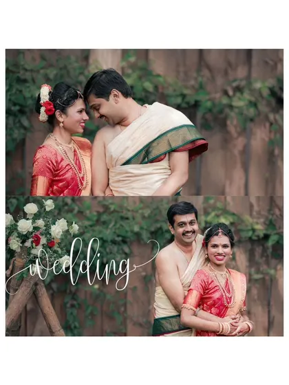 A diptych of romantic portraits, capturing the couple's loving interaction and beautiful traditional wedding attire.