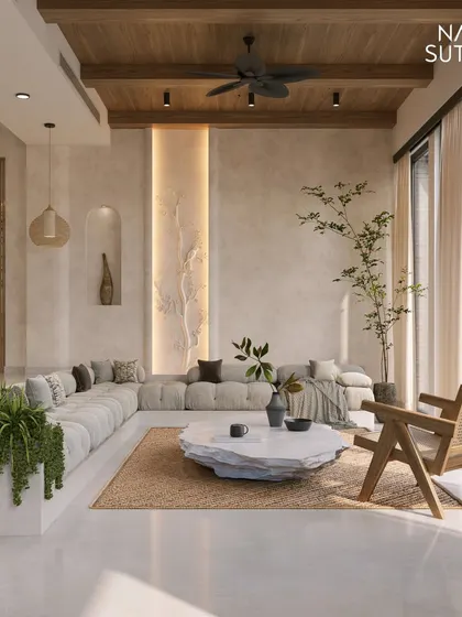 This Organic Modern living room is a sanctuary of tranquility. We used a sunken seating area, a natural stone coffee table, and large glass doors to create a grounding space that blurs the line between indoors and out.