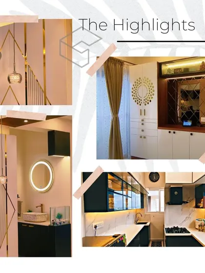 These images and videos showcase more project details, including work-in-progress shots of various functional spaces and a collage of project highlights like lighting, pooja units, and bathrooms.