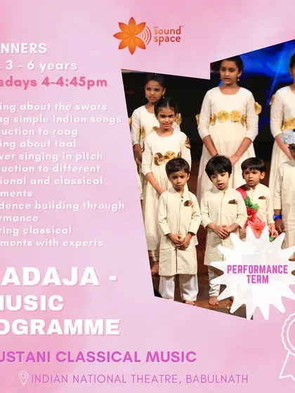 Our performance term is an exciting time for students. This flyer details our Shadaja program for beginners aged 3-6, focusing on learning swars, raag, and building confidence through performance.