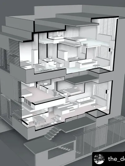 A sectional diagram of the "Grilled Sandwich House." The facade is enveloped in a screen of steel grills that provide security and privacy while creating a unique, abstract architectural identity.