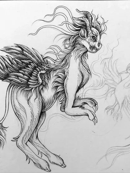 An early inking stage of the mythical creature.
