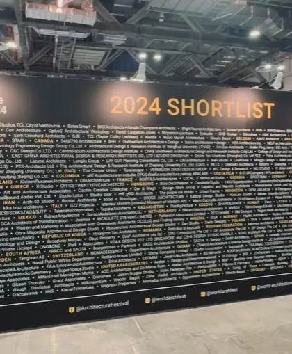 The impressive shortlist wall at the World Architecture Festival 2024, filled with names of top firms from around the globe.