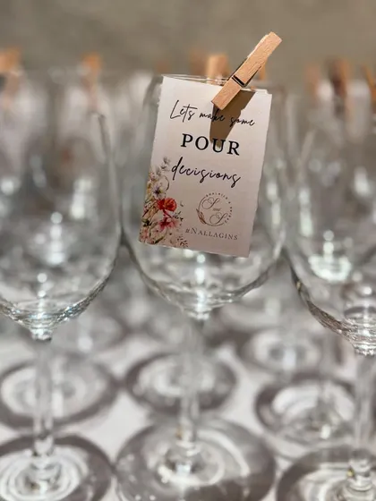 "Let's make some pour decisions." We love a good pun, and these custom tags are a perfect reflection of our fun and celebratory brand persona.