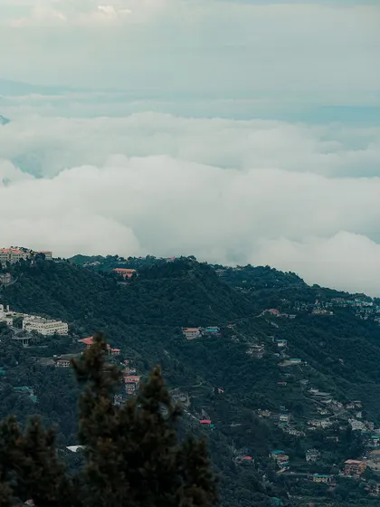 Another stunning view of the cloud-filled valleys in Mussoorie, framed by trees. This showcases my ability to find beautiful compositions in nature.