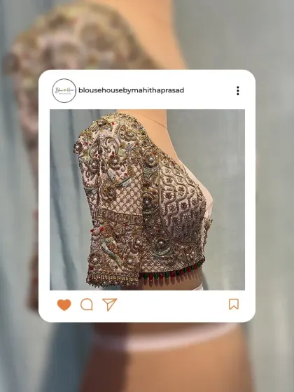 A social media feature of the Radha Krishna blouse, a handcrafted marvel for Chandana’s Muhurtham.