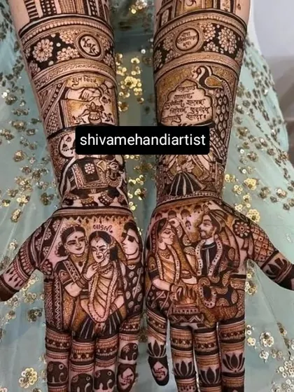 A family-focused design with portraits of the couple with their parents on the palms. The forearms include wedding mantras and traditional symbols.